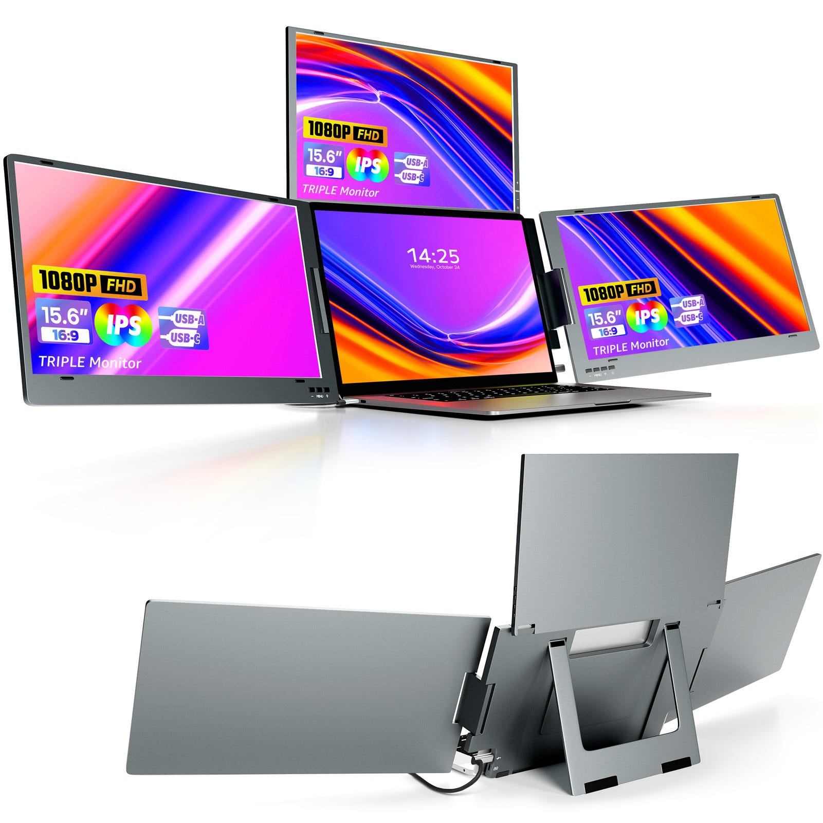 X90m 14.1” Portable Triple-Screen Monitor | 1920*1080 FHD IPS | 360° Rotation | 13.3”-15.6” Laptop Compatible