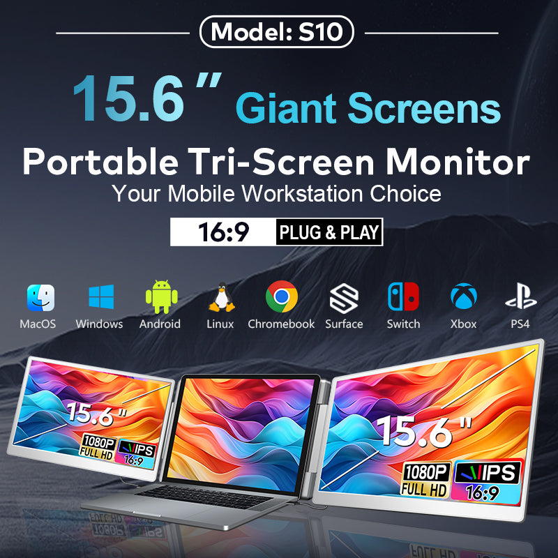 15.6” Portable Dual-Screen Monitor S10 | 1920*1080 IPS | 16:9 | Left Screen Flip | Type-C 3.1 & HDR