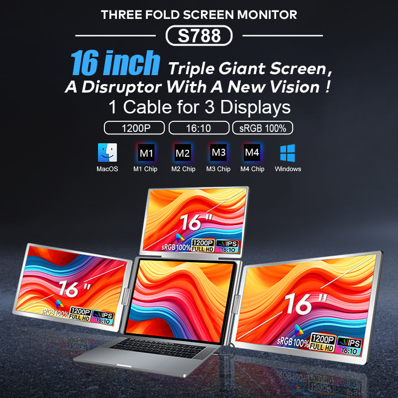 16” Triple Screen Extender S788 | 3 Pcs Full View Display | 12-18.5” Laptop Compatible | Windows 10+ & 2019+ MacBooks